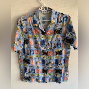 Rachel Antonoff Sardine Cans Shirt Camp Blue Button Up  XS actual Small